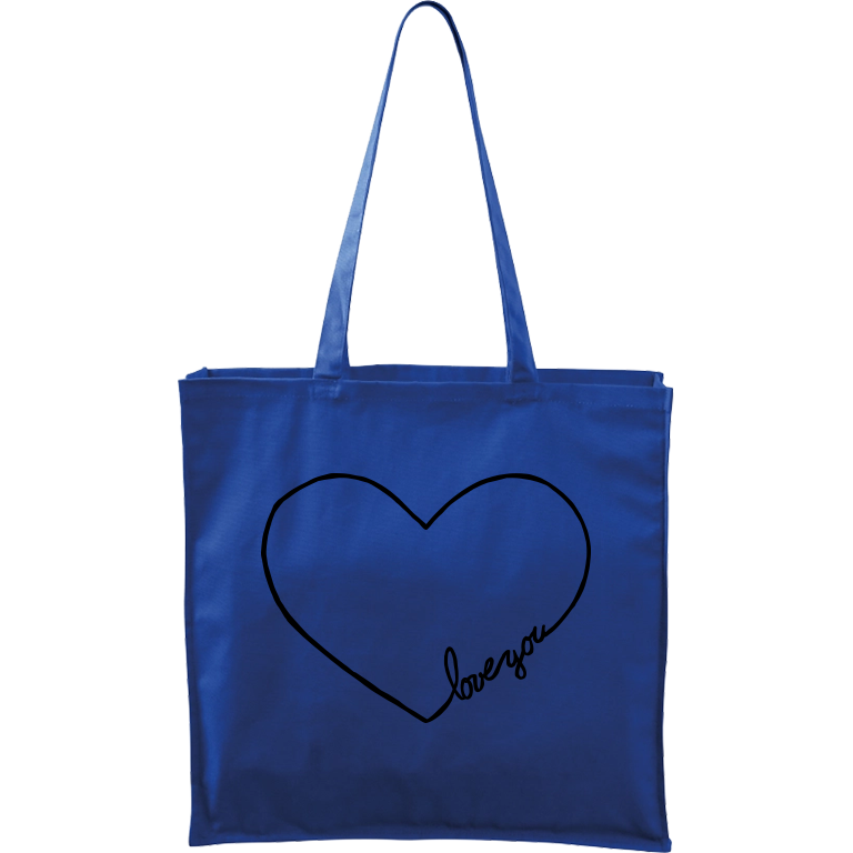 Ručně malovaná větší plátěná taška - "Love You" srdce Barva tašky: MODRÁ, Barva motivu: ČERNÁ