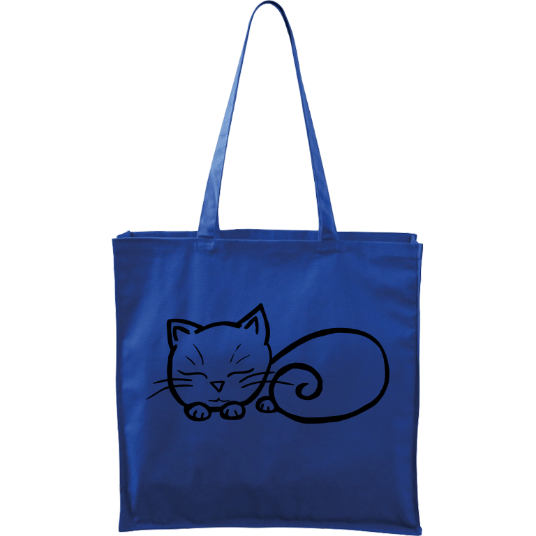 Ručně malovaná větší plátěná taška - Spící kotě Barva tašky: MODRÁ, Barva motivu: ČERNÁ