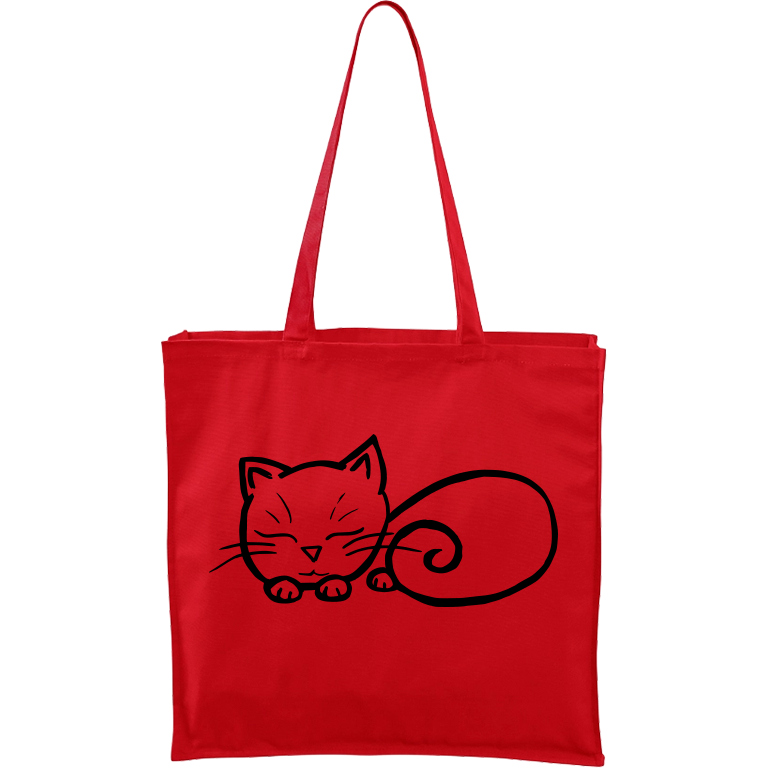 Ručně malovaná větší plátěná taška - Spící kotě Barva tašky: ČERVENÁ, Barva motivu: ČERNÁ
