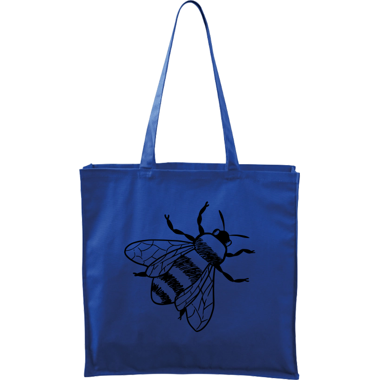 Ručně malovaná větší plátěná taška - Včela Barva tašky: MODRÁ, Barva motivu: ČERNÁ
