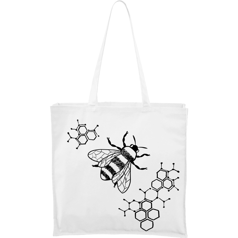 Ručně malovaná větší plátěná taška - Včela - S plástvemi Barva tašky: BÍLÁ, Barva motivu: ČERNÁ