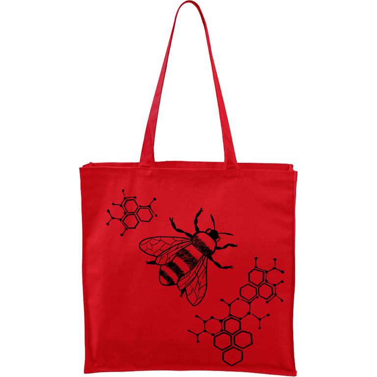 Ručně malovaná větší plátěná taška - Včela - S plástvemi Barva tašky: ČERVENÁ, Barva motivu: ČERNÁ