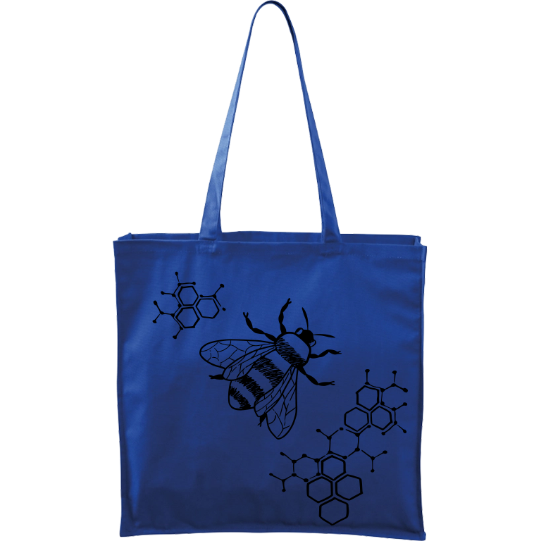 Ručně malovaná větší plátěná taška - Včela - S plástvemi Barva tašky: MODRÁ, Barva motivu: ČERNÁ