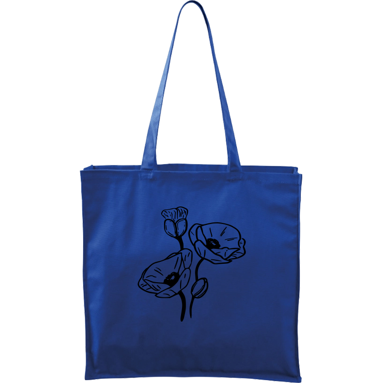 Ručně malovaná větší plátěná taška - Vlčí máky Barva tašky: MODRÁ, Barva motivu: ČERNÁ