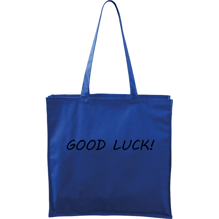 Ručně malovaná větší plátěná taška - Good Luck! Barva tašky: MODRÁ, Barva motivu: ČERNÁ