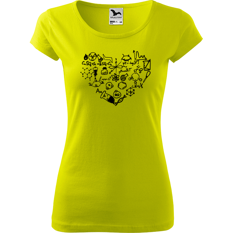 Ručně malované dámské bavlněné tričko - Chemikovo srdce Barva trička: LIMETKOVÁ, Velikost trička: S, Barva motivu: ČERNÁ