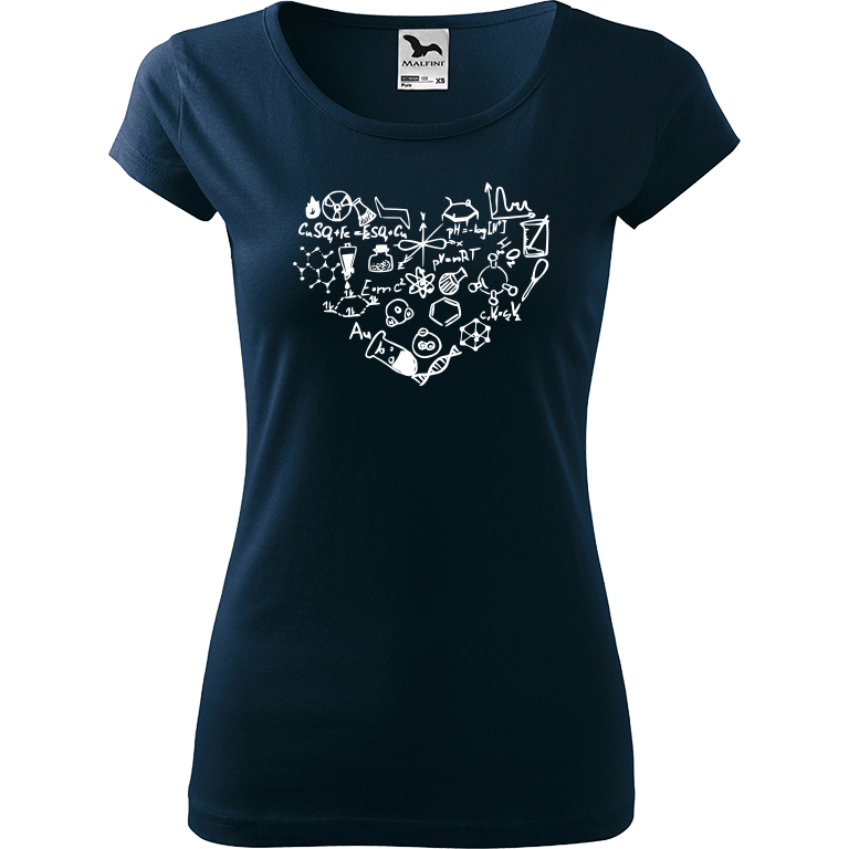 Ručně malované dámské bavlněné tričko - Chemikovo srdce Barva trička: NÁMOŘNICKÁ MODRÁ, Velikost trička: XL, Barva motivu: BÍLÁ