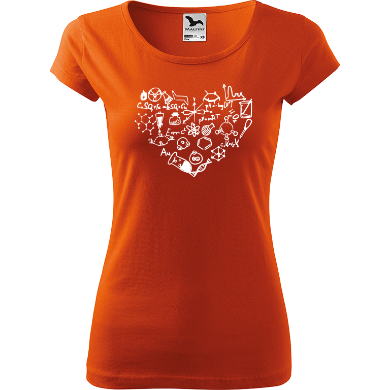 Ručně malované dámské bavlněné tričko - Chemikovo srdce Barva trička: ORANŽOVÁ, Velikost trička: M, Barva motivu: BÍLÁ