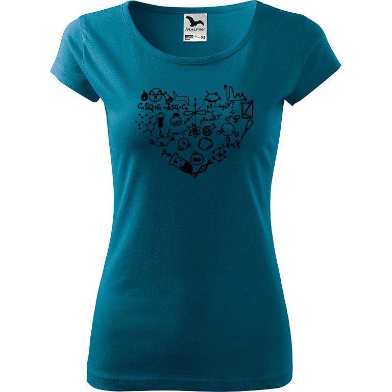 Ručně malované dámské bavlněné tričko - Chemikovo srdce Barva trička: PETROLEJOVÁ, Velikost trička: S, Barva motivu: ČERNÁ