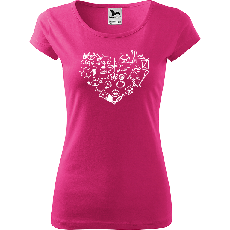Ručně malované dámské bavlněné tričko - Chemikovo srdce Barva trička: RŮŽOVÁ, Velikost trička: XL, Barva motivu: BÍLÁ