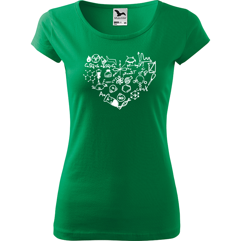 Ručně malované dámské bavlněné tričko - Chemikovo srdce Barva trička: STŘEDNĚ ZELENÁ, Velikost trička: XS, Barva motivu: BÍLÁ