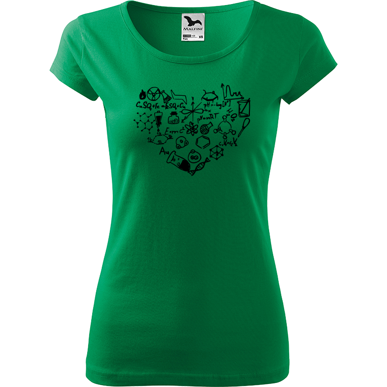Ručně malované dámské bavlněné tričko - Chemikovo srdce Barva trička: STŘEDNĚ ZELENÁ, Velikost trička: XS, Barva motivu: ČERNÁ