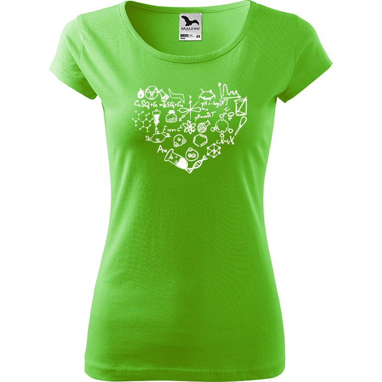 Ručně malované dámské bavlněné tričko - Chemikovo srdce Barva trička: SVĚTLE ZELENÁ, Velikost trička: XL, Barva motivu: BÍLÁ