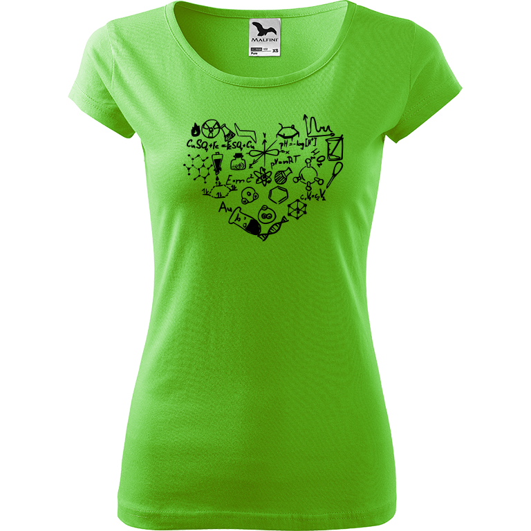 Ručně malované dámské bavlněné tričko - Chemikovo srdce Barva trička: SVĚTLE ZELENÁ, Velikost trička: XS, Barva motivu: ČERNÁ