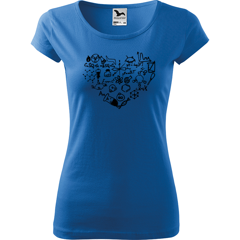 Ručně malované dámské bavlněné tričko - Chemikovo srdce Barva trička: AZUROVÁ, Velikost trička: L, Barva motivu: ČERNÁ