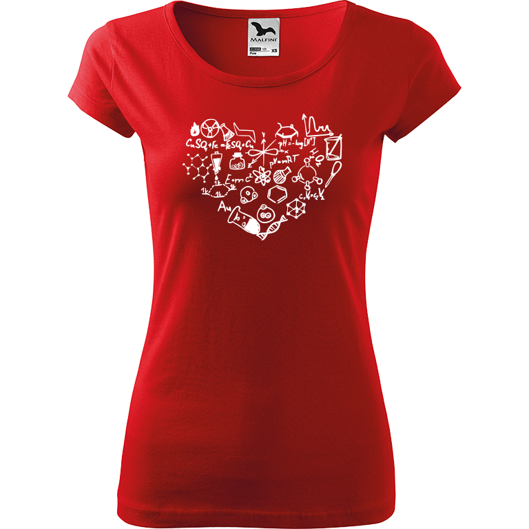 Ručně malované dámské bavlněné tričko - Chemikovo srdce Barva trička: ČERVENÁ, Velikost trička: XS, Barva motivu: BÍLÁ