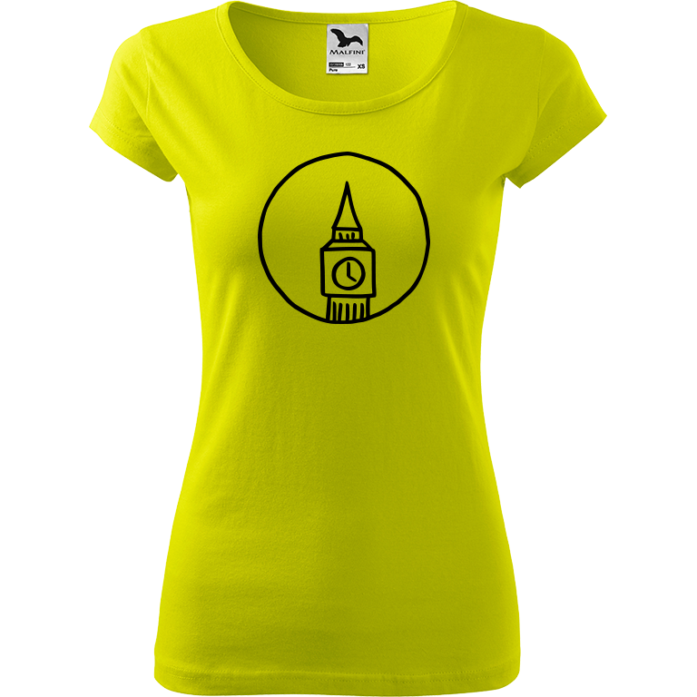 Ručně malované dámské bavlněné tričko - Big Ben Barva trička: LIMETKOVÁ, Velikost trička: XL, Barva motivu: ČERNÁ