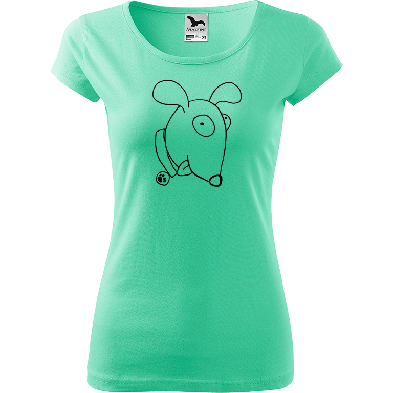 Ručně malované dámské bavlněné tričko - Crazy Pes Barva trička: MÁTOVÁ, Velikost trička: M, Barva motivu: ČERNÁ