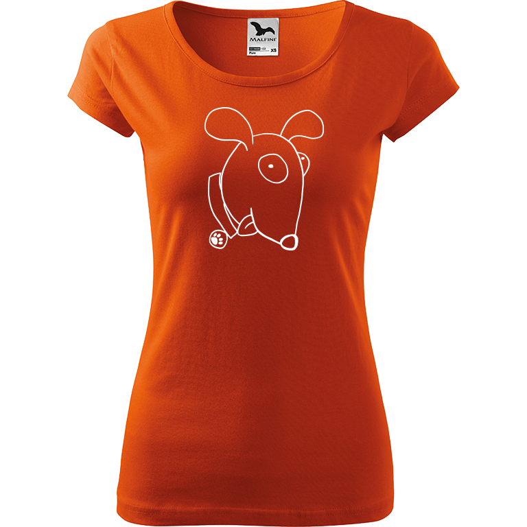 Ručně malované dámské bavlněné tričko - Crazy Pes Barva trička: ORANŽOVÁ, Velikost trička: S, Barva motivu: BÍLÁ