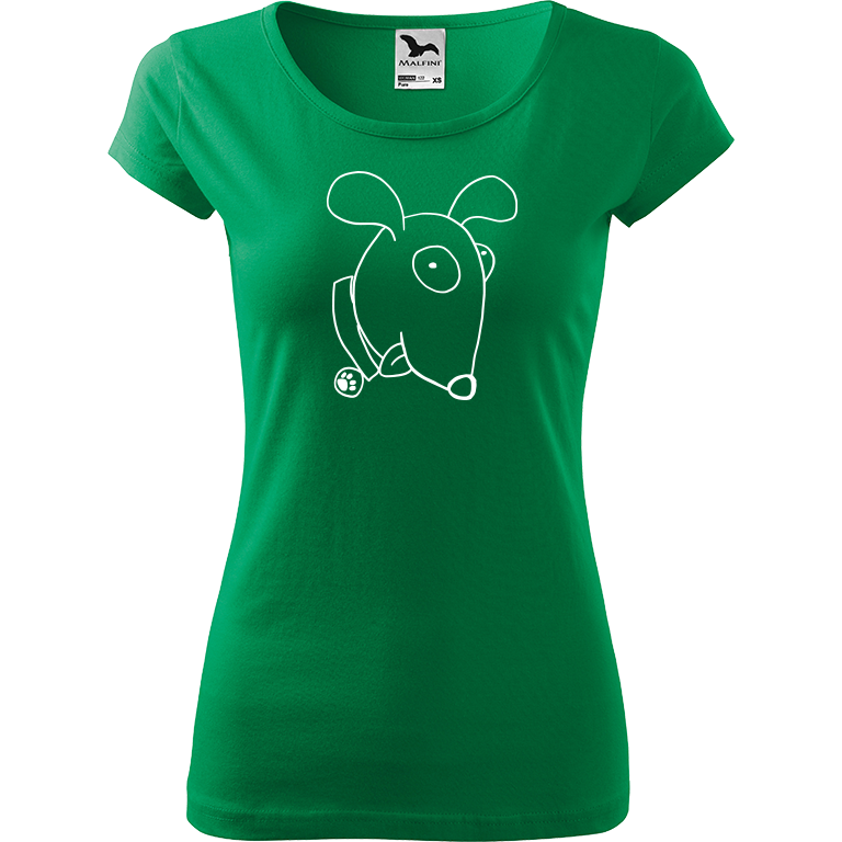 Ručně malované dámské bavlněné tričko - Crazy Pes Barva trička: STŘEDNĚ ZELENÁ, Velikost trička: XS, Barva motivu: BÍLÁ
