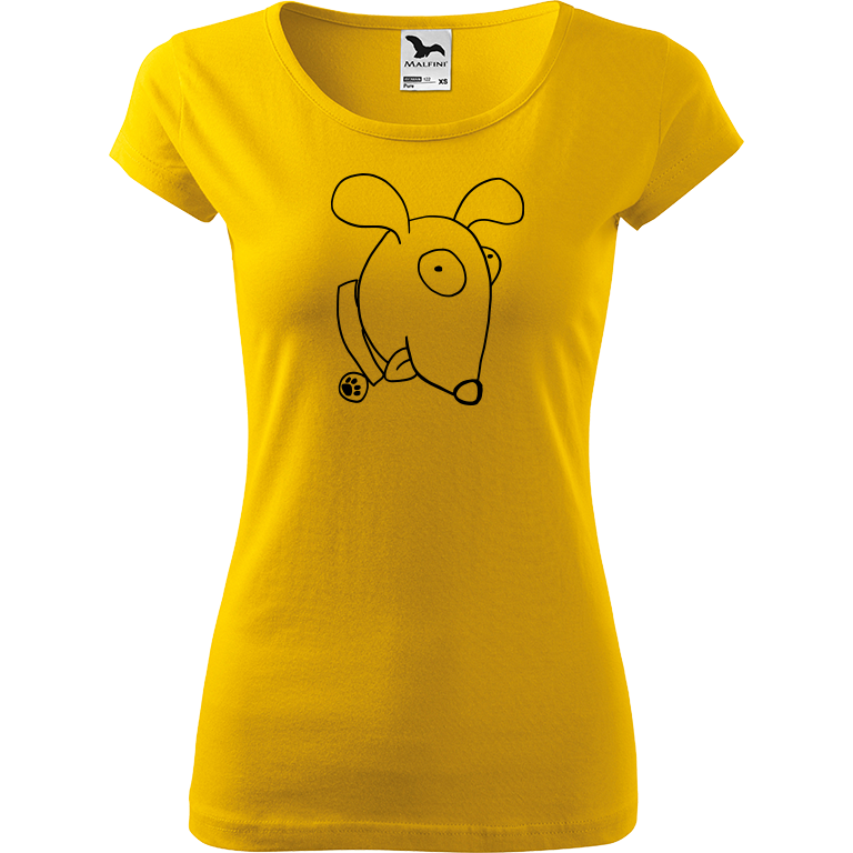 Ručně malované dámské bavlněné tričko - Crazy Pes Barva trička: ŽLUTÁ, Velikost trička: L, Barva motivu: ČERNÁ