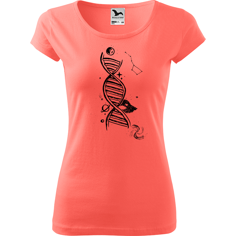 Ručně malované dámské bavlněné tričko - DNA Barva trička: KORÁLOVÁ, Velikost trička: S, Barva motivu: ČERNÁ