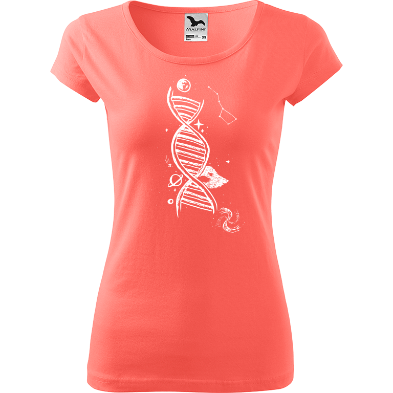 Ručně malované dámské bavlněné tričko - DNA Barva trička: KORÁLOVÁ, Velikost trička: M, Barva motivu: BÍLÁ