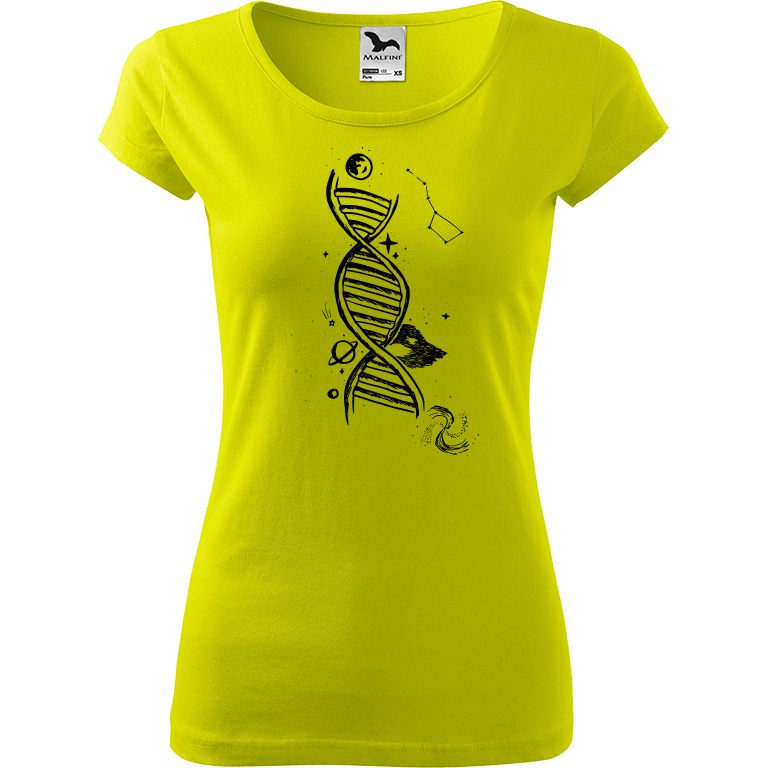 Ručně malované dámské bavlněné tričko - DNA Barva trička: LIMETKOVÁ, Velikost trička: M, Barva motivu: ČERNÁ