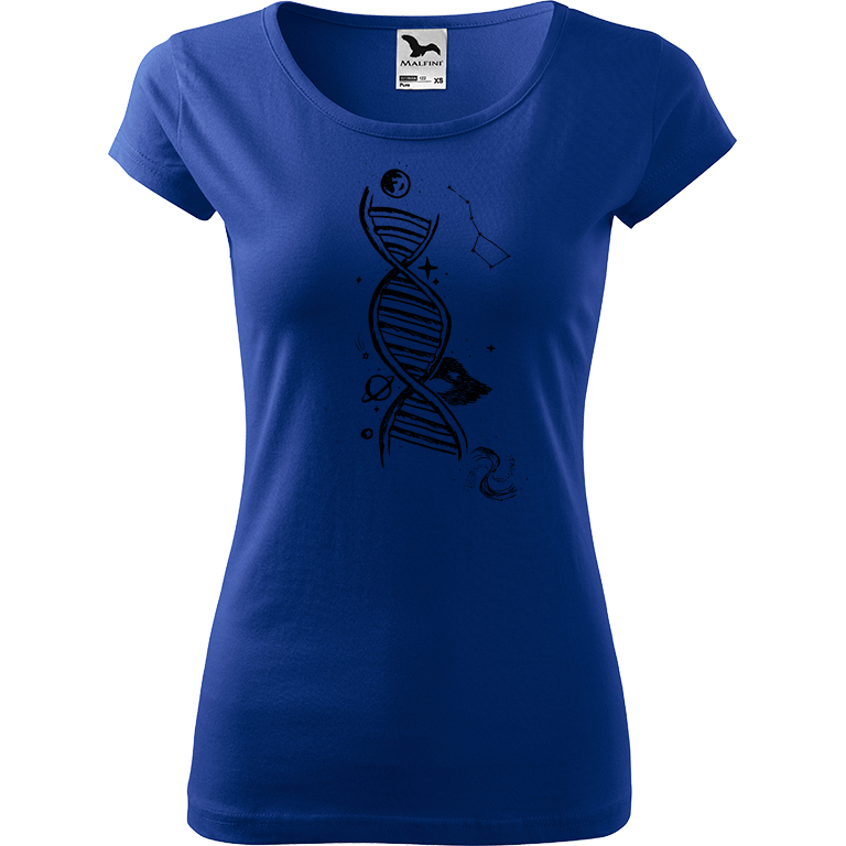 Ručně malované dámské bavlněné tričko - DNA Barva trička: MODRÁ, Velikost trička: S, Barva motivu: ČERNÁ