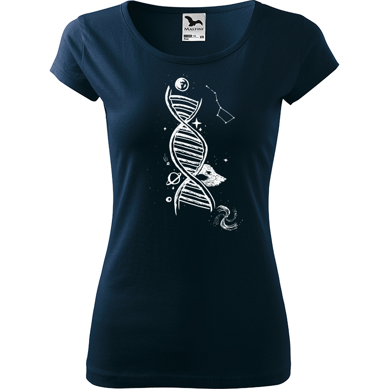 Ručně malované dámské bavlněné tričko - DNA Barva trička: NÁMOŘNICKÁ MODRÁ, Velikost trička: S, Barva motivu: BÍLÁ