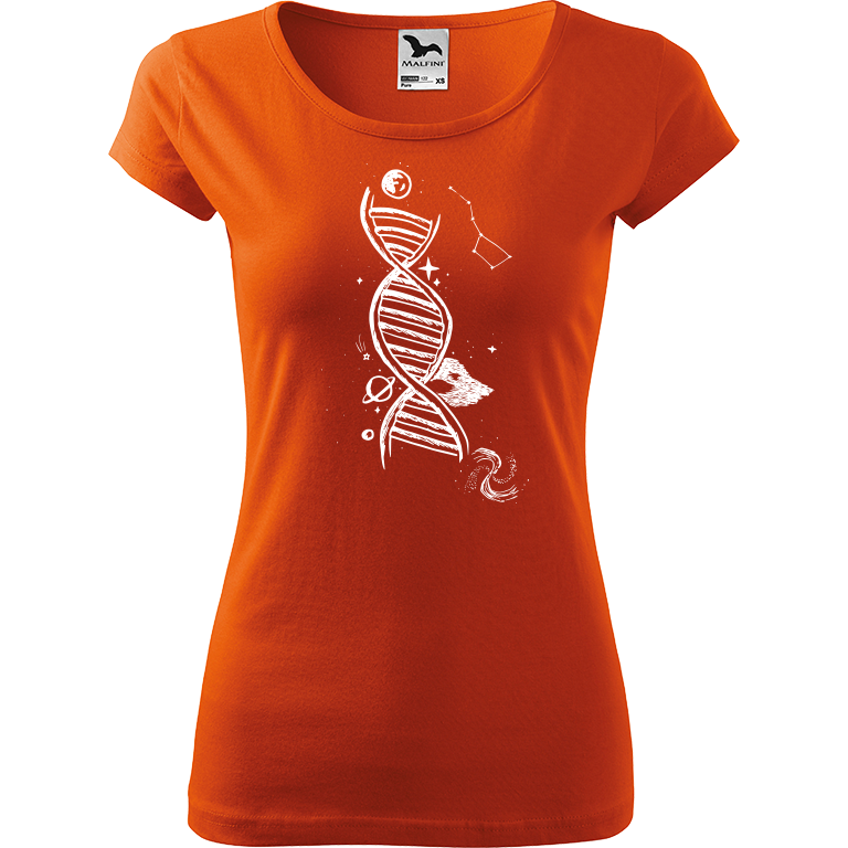 Ručně malované dámské bavlněné tričko - DNA Barva trička: ORANŽOVÁ, Velikost trička: M, Barva motivu: BÍLÁ