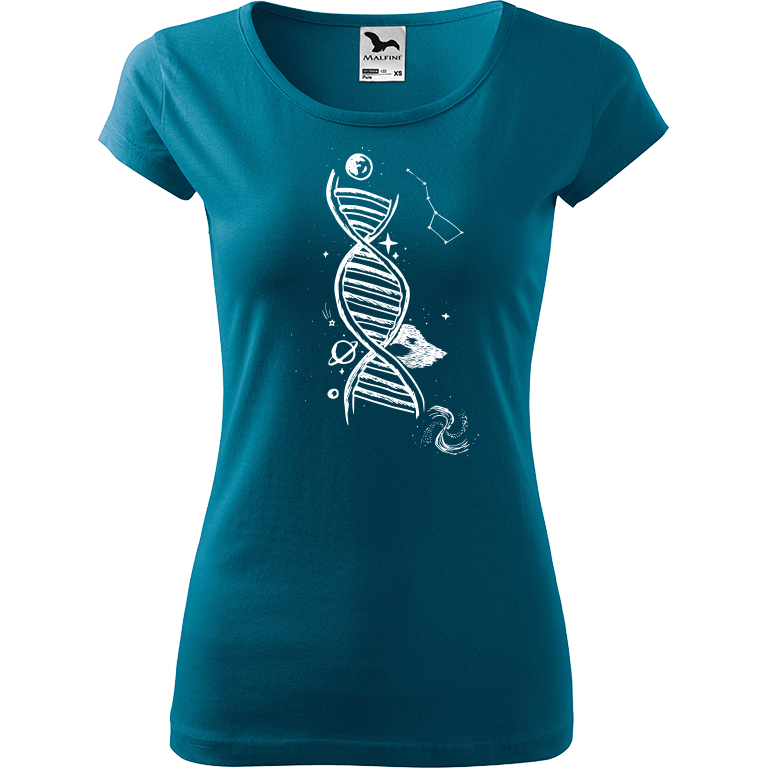 Ručně malované dámské bavlněné tričko - DNA Barva trička: PETROLEJOVÁ, Velikost trička: XS, Barva motivu: BÍLÁ
