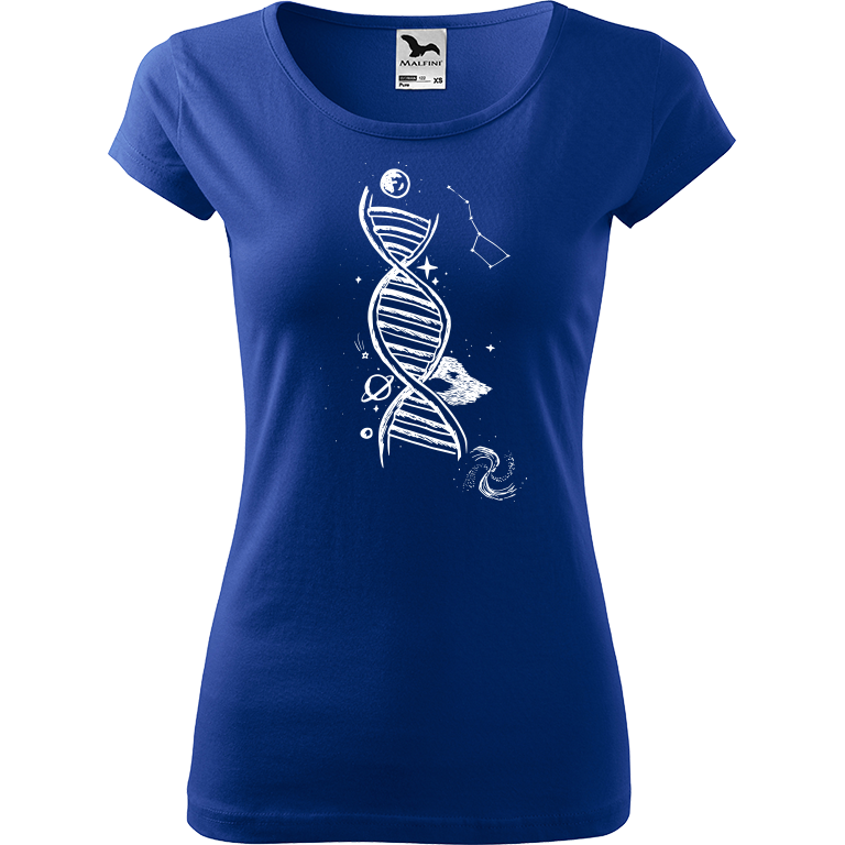 Ručně malované dámské bavlněné tričko - DNA Barva trička: MODRÁ, Velikost trička: M, Barva motivu: BÍLÁ