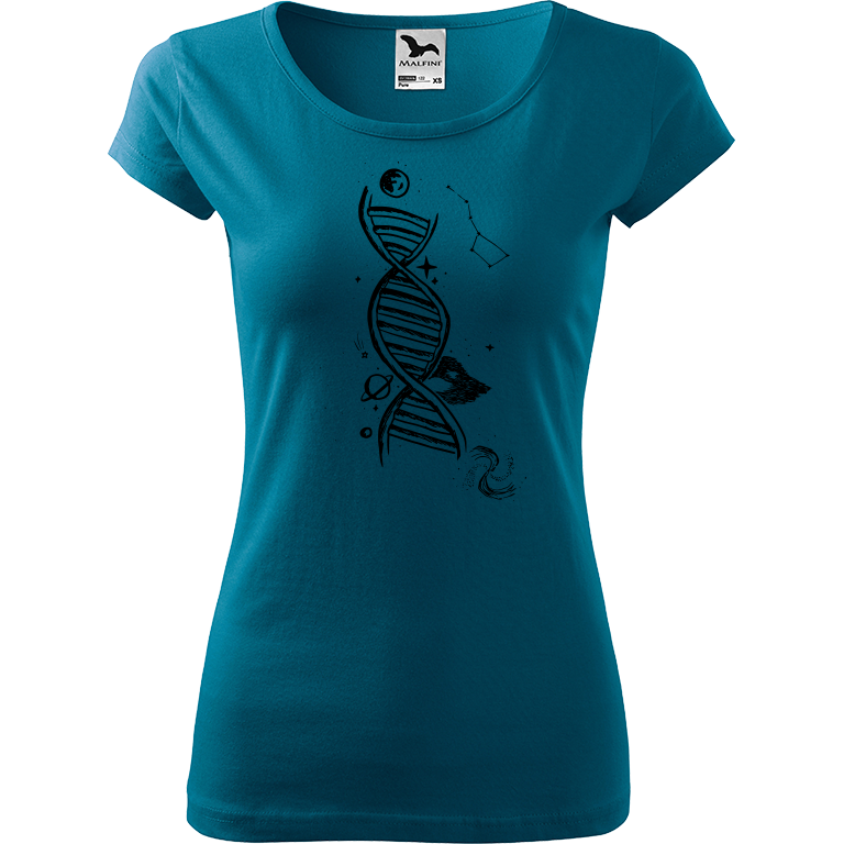 Ručně malované dámské bavlněné tričko - DNA Barva trička: PETROLEJOVÁ, Velikost trička: XL, Barva motivu: ČERNÁ