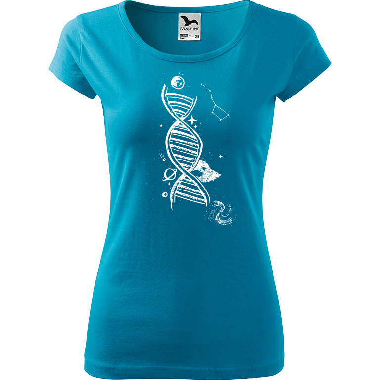 Ručně malované dámské bavlněné tričko - DNA Barva trička: TYRKYSOVÁ, Velikost trička: L, Barva motivu: BÍLÁ