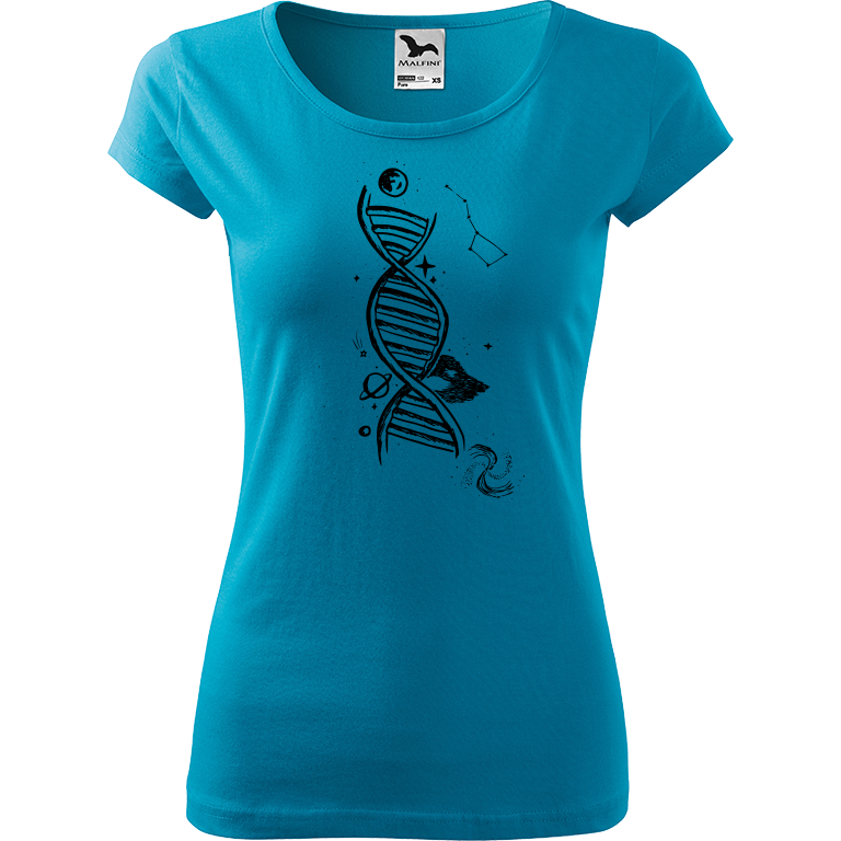 Ručně malované dámské bavlněné tričko - DNA Barva trička: TYRKYSOVÁ, Velikost trička: XS, Barva motivu: ČERNÁ