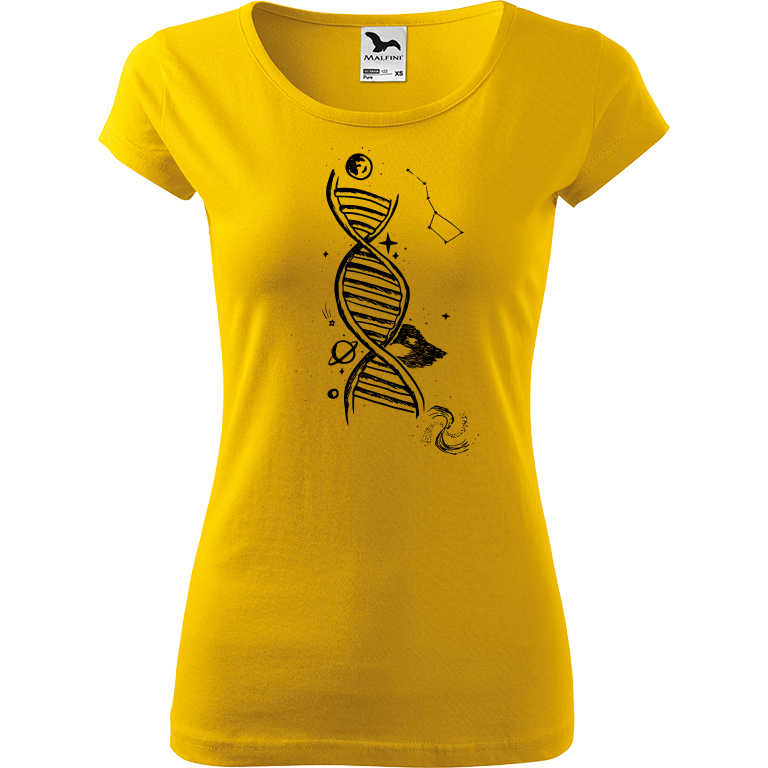 Ručně malované dámské bavlněné tričko - DNA Barva trička: ŽLUTÁ, Velikost trička: M, Barva motivu: ČERNÁ