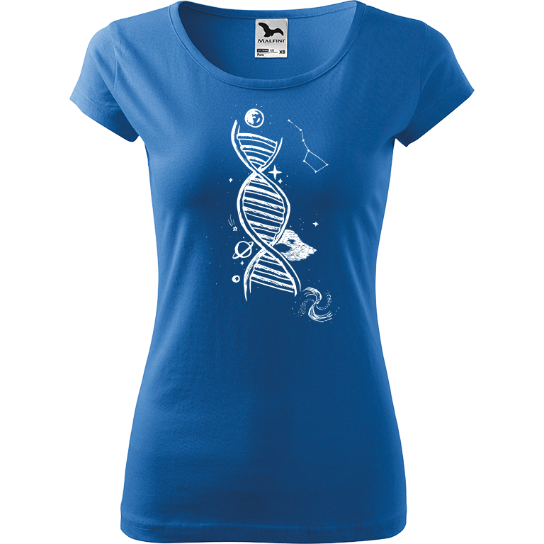 Ručně malované dámské bavlněné tričko - DNA Barva trička: AZUROVÁ, Velikost trička: XS, Barva motivu: BÍLÁ