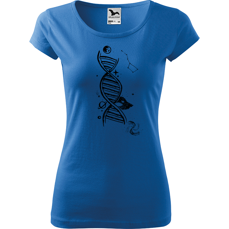 Ručně malované dámské bavlněné tričko - DNA Barva trička: AZUROVÁ, Velikost trička: XL, Barva motivu: ČERNÁ