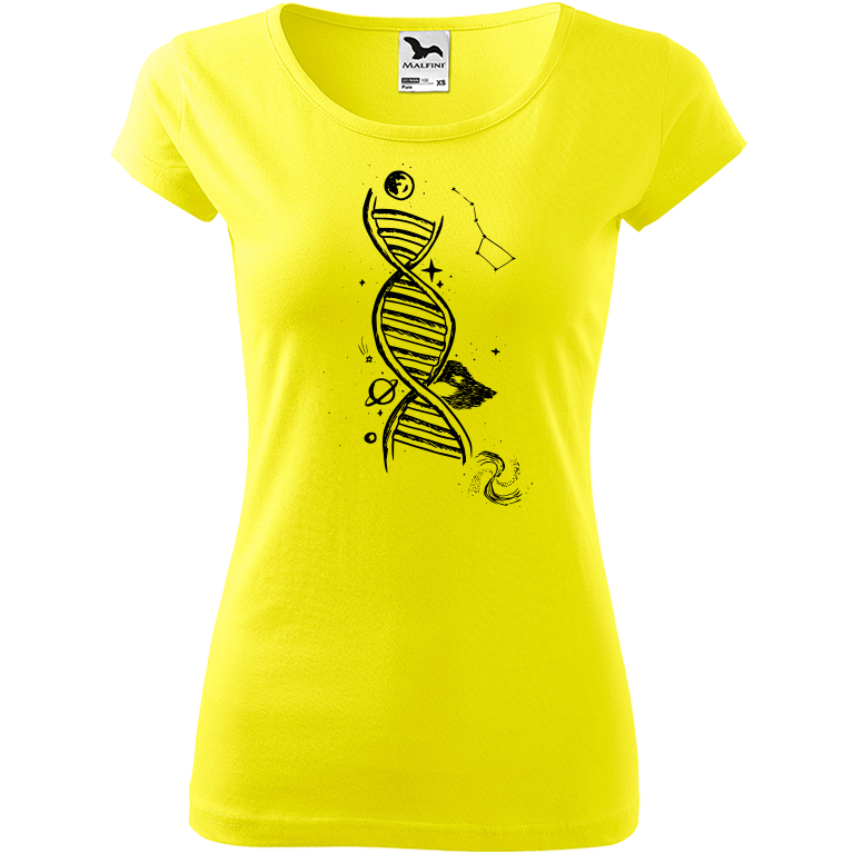 Ručně malované dámské bavlněné tričko - DNA Barva trička: CITRONOVÁ, Velikost trička: M, Barva motivu: ČERNÁ