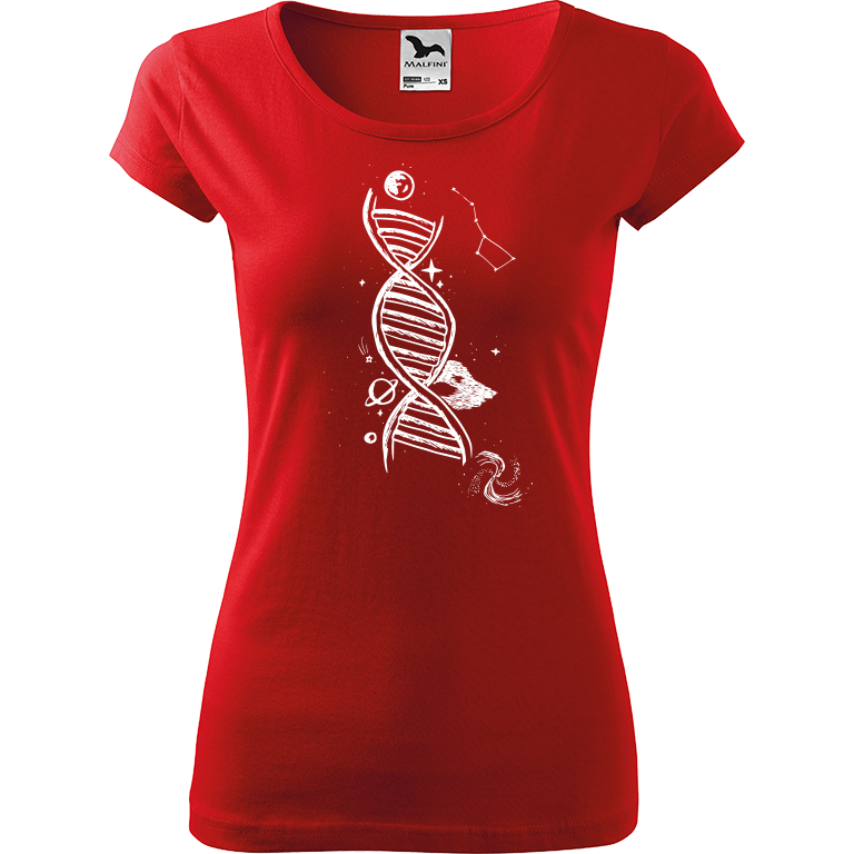 Ručně malované dámské bavlněné tričko - DNA Barva trička: ČERVENÁ, Velikost trička: XS, Barva motivu: BÍLÁ