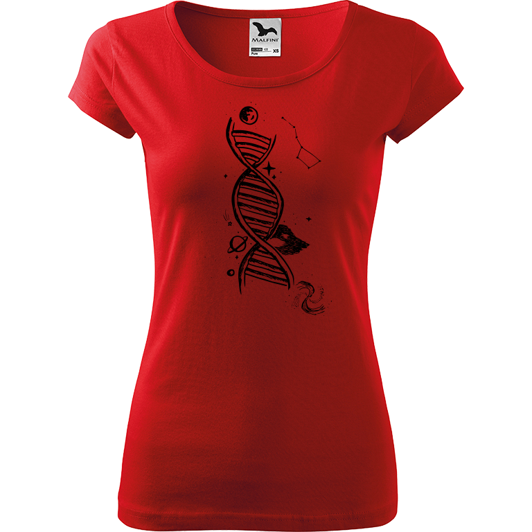 Ručně malované dámské bavlněné tričko - DNA Barva trička: ČERVENÁ, Velikost trička: M, Barva motivu: ČERNÁ