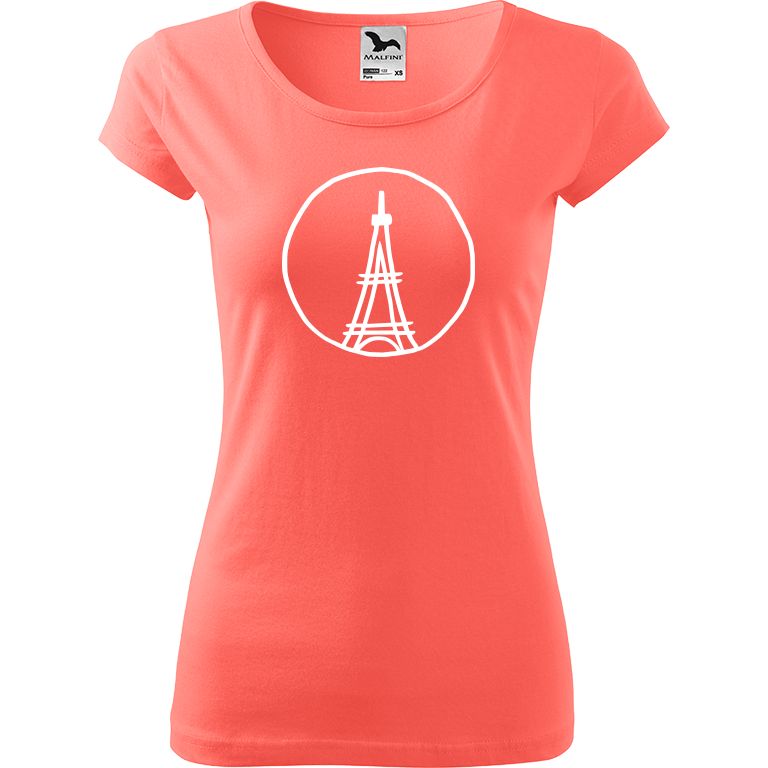 Ručně malované dámské bavlněné tričko - Eiffellova věž Barva trička: KORÁLOVÁ, Velikost trička: S, Barva motivu: BÍLÁ