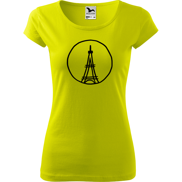 Ručně malované dámské bavlněné tričko - Eiffellova věž Barva trička: LIMETKOVÁ, Velikost trička: S, Barva motivu: ČERNÁ