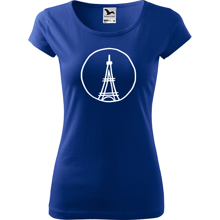 Ručně malované dámské bavlněné tričko - Eiffellova věž Barva trička: MODRÁ, Velikost trička: XS, Barva motivu: BÍLÁ