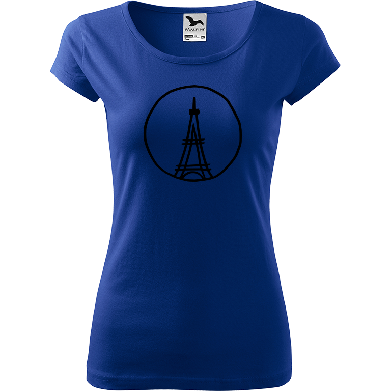 Ručně malované dámské bavlněné tričko - Eiffellova věž Barva trička: MODRÁ, Velikost trička: M, Barva motivu: ČERNÁ