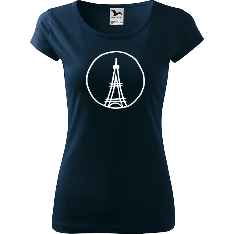Ručně malované dámské bavlněné tričko - Eiffellova věž Barva trička: NÁMOŘNICKÁ MODRÁ, Velikost trička: XXL, Barva motivu: BÍLÁ