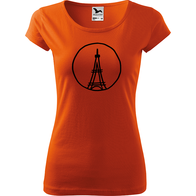 Ručně malované dámské bavlněné tričko - Eiffellova věž Barva trička: ORANŽOVÁ, Velikost trička: XS, Barva motivu: ČERNÁ