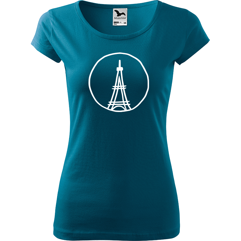 Ručně malované dámské bavlněné tričko - Eiffellova věž Barva trička: PETROLEJOVÁ, Velikost trička: XXL, Barva motivu: BÍLÁ