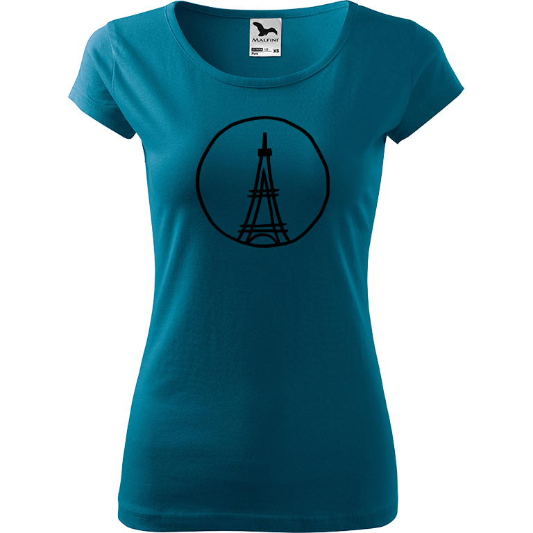 Ručně malované dámské bavlněné tričko - Eiffellova věž Barva trička: PETROLEJOVÁ, Velikost trička: S, Barva motivu: ČERNÁ